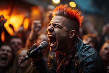 Punk singer with orange Mohican hairstyle, performing at outdoor concerts in the rain - obrazy, fototapety, plakaty