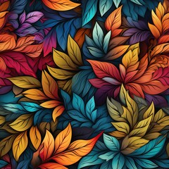 Watercolor style fallen autumn leaves  seamless pattern. Fall botanical background in red, yellow, blue, purple and green colors for fabrics and textiles. Generative AI
