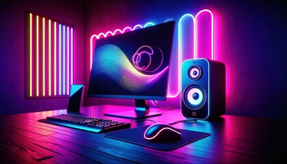 In a sleek and modern room, a futuristic computer with a vibrant light-up keyboard and a crystal-clear monitor stands on a glass table, its multimedia capabilities as a digital wonderland - obrazy, fototapety, plakaty