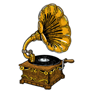 recommend clip art: Phonograph engraving sketch style hand drawn color vector illustration. Scratch board style imitation. Hand drawn image.