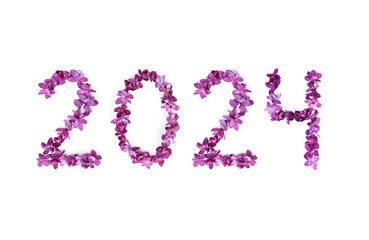 New year 2024 made of lilac flowers on white background