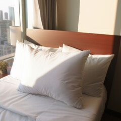 Fototapeta na wymiar comfortable hotel pillow, center, photography, morning, bright