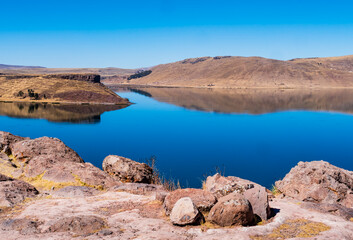 Stunning view of lake Umayo, Sillustani archeological site, Puno region, Peru