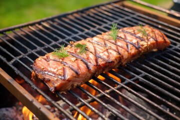 close-up of smoked tuna steak on grill grate