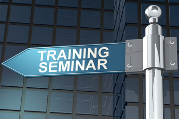 Obraz premium Training seminar word on road sign with building as background