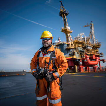 offshore oil rig worker wearing personal protective equipment
