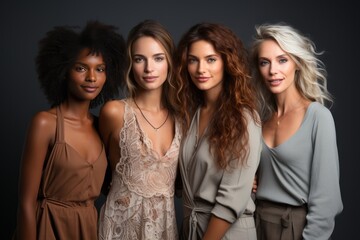 Fototapeta premium cheerful young multiethnic women. Girlfriends smiling at the camera, posing together. Diversity, beauty, friendship concept. Isolated on gray background