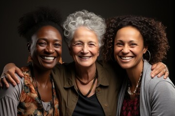 cheerful elderly multiethnic women with beautiful faces in beautiful clothes. Girlfriends smiling at the camera, posing together. Diversity, beauty, friendship concept. Isolated on gray background