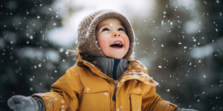 Very young child, looking up with wonderment at snow falling.