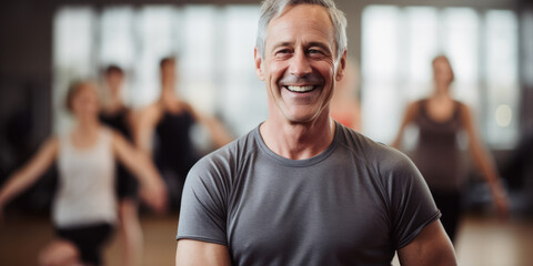 Grey haired man smiling, enjoying yoga class, blurred women in the background - obrazy, fototapety, plakaty