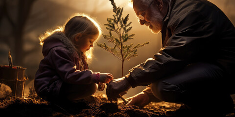 Fototapeta na wymiar Grandad planting tree with granddaughter , with shafts of evening light.