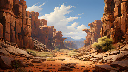 An arid canyon landscape, carved by time and elements, stands as a testament to the enduring forces of nature. This highly detailed image evokes a sense of timelessness. - obrazy, fototapety, plakaty