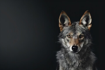 Front view of a jackal on black background. Wild animals banner with empty copy space