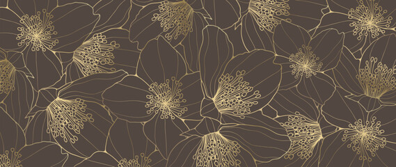 Brown floral background with golden flower outlines. Vector background for decor, wallpaper, covers, cards. - obrazy, fototapety, plakaty