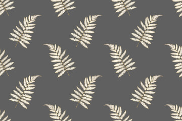 Botanical vector seamless pattern with golden fern branches on a gray background. Pattern for textiles, wrapping paper, wallpaper, covers and backgrounds.