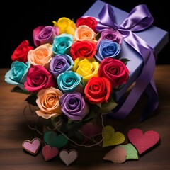 A bouquet of rainbow roses with a gift