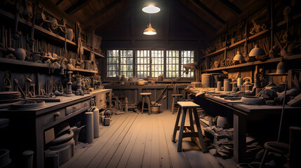 Woodworking workshop. An old shed type wood worker or carpenter's work place with old tools on the wall and rustic feel. . - obrazy, fototapety, plakaty