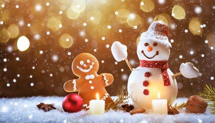 Christmas gingerbread cookies with snowman and decoration