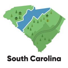 Obraz premium North Carolina map shape United states America green forest hand drawn cartoon style with trees travel terrain