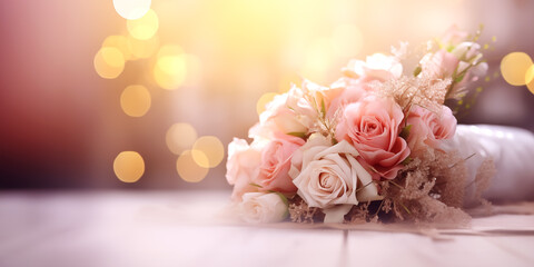 Wedding bouquet with bright bokeh glitter background