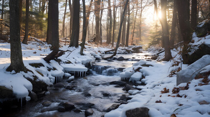 A frozen stream winding through the woods.