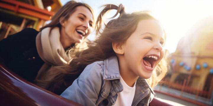 Mother and daughter, enjoying the excitement of a rollercoaster together