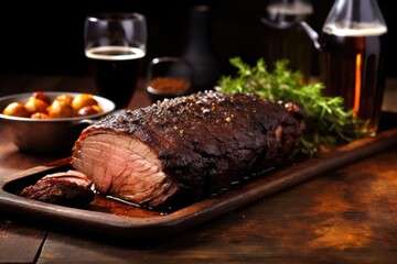 slow roasted beef brisket with a dark stout bottle