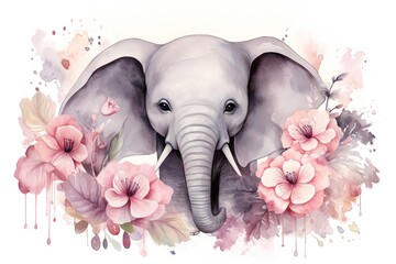 Dreamy Watercolor Painting of a Gray Elephant Surrounded by Pink and Purple Flowers