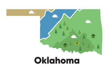 Oklahoma map shape United states America green forest hand drawn cartoon style with trees travel terrain