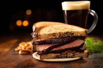 stout beer in a glass next to a beef brisket sandwich - obrazy, fototapety, plakaty