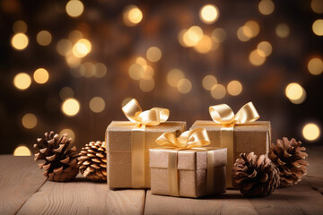 paquetes regalo con lazo dorado junto a piñas sobre soporte de madera y fondo desenfocado dorado y negro efecto bokeh