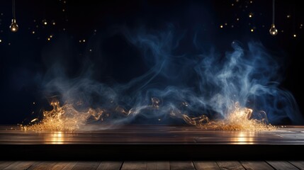 empty wooden table with smoke float up on gold and dark blue lighting background, Generative AI