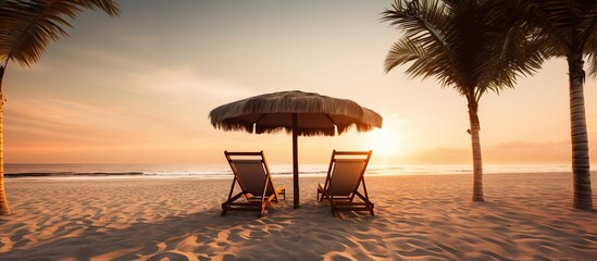 palm trees ,Beach chairs and umbrellas on sandy beach in tropical beach with sunset view - obrazy, fototapety, plakaty