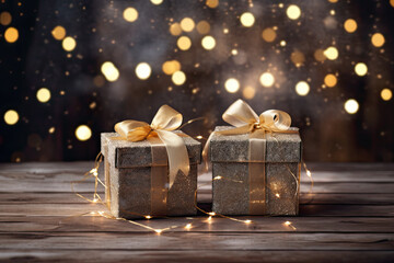 paquetes de regalo con lazo dorado sobre madera y fondo bokeh dorado luminoso. Concepto celebraciones, año nuevo, navidad, cumpleaños, aniversarios, dia de la madre - obrazy, fototapety, plakaty