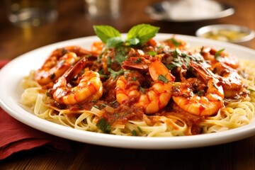 fresh bbq shrimp on a bed of cooked pasta