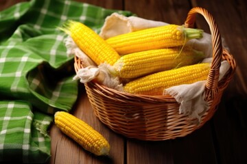 sweet corn with butter glaze on a basket with a napkin