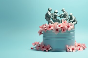 Miniature soldiers in a flower pot on blue background with copy space - obrazy, fototapety, plakaty