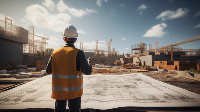 A civil engineer standing at the construction site. Generative AI.