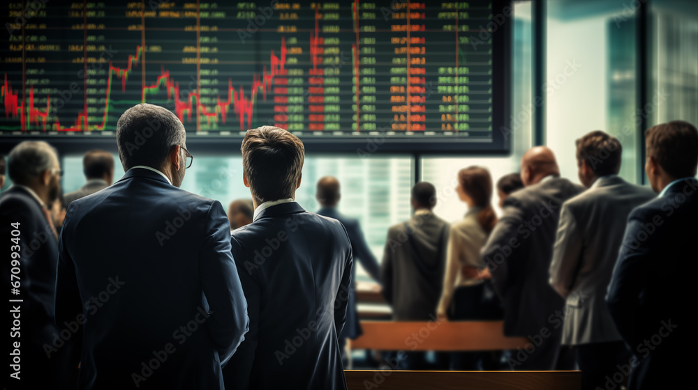 Poster businessmans with group of stock data monitor analyzing data at stock market.generative ai