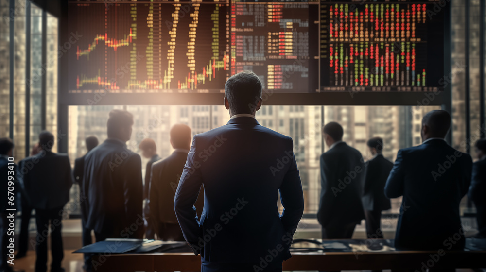 Poster businessmans with group of stock data monitor analyzing data at stock market.generative ai
