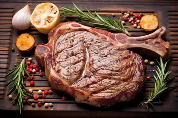 Foto op Canvas top view of t-bone steak with grill marks and rosemary © primopiano