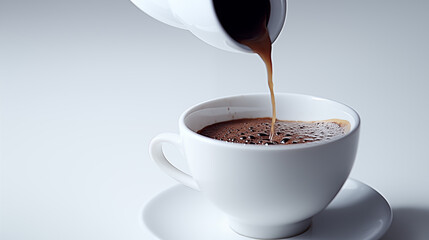 Coffee pouring into white  cup with white background.Generative ai