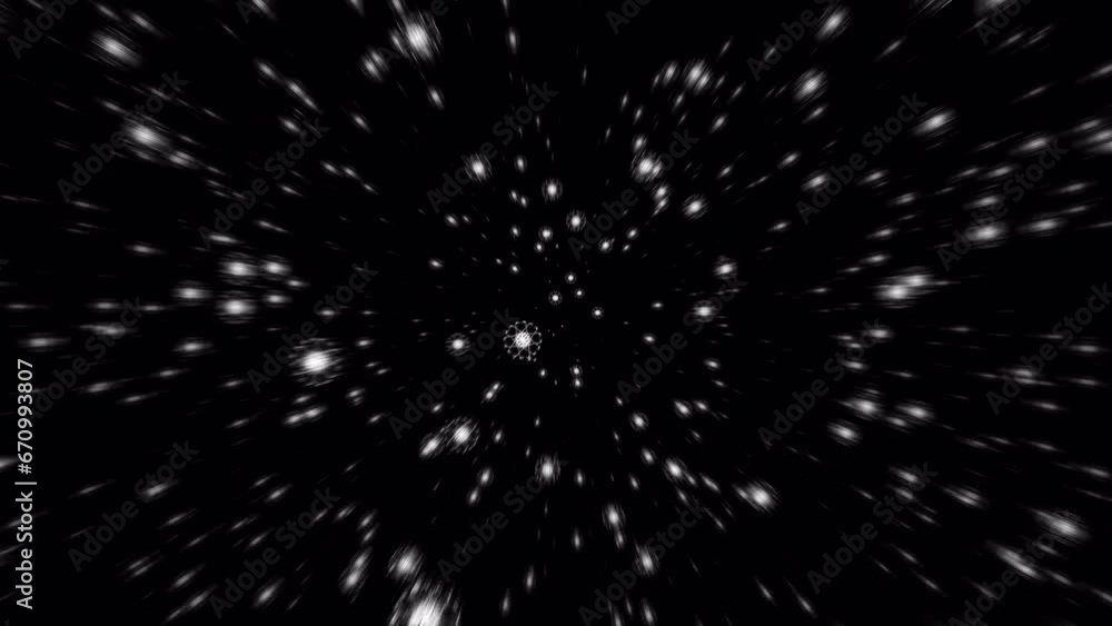 Poster beautiful loop falling moving white starflakes particles radial blurred animaiton on black abstract 