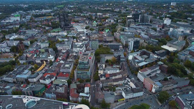 Aerial around the city Essen in Germany on a cloudy day in autumn.