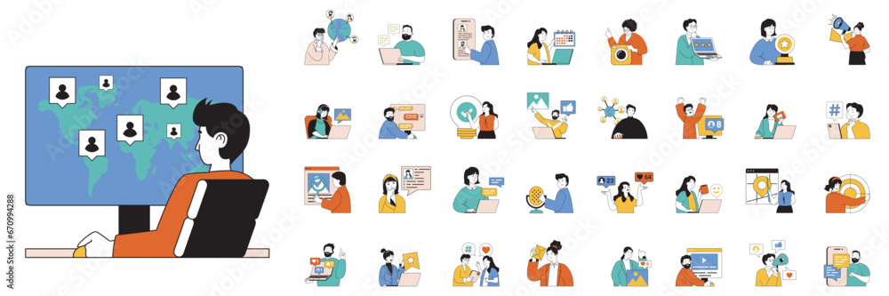 Poster social network concept with people situations mega set in flat web design. bundle scenes of online g