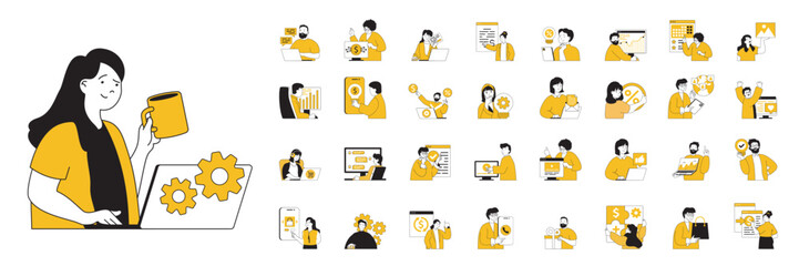 Digital business concept with people situations mega set in flat web design. Bundle scenes of online chats, marketing, e-business. Vector illustrations for social media banner, marketing material.