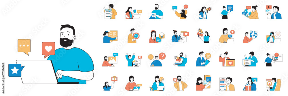 Poster social media concept with people situations mega set in flat web design. bundle scenes of chatting, 