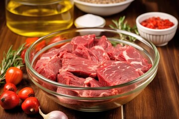Fototapeta premium uncooked bbq beef ribs with tangy marinade in a bowl