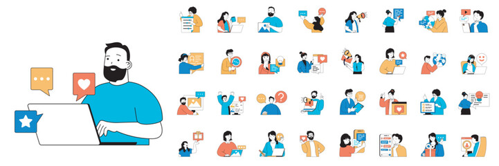 Social media concept with people situations mega set in flat web design. Bundle scenes of chatting, following, internet influence. Vector illustrations for social media banner, marketing material. - obrazy, fototapety, plakaty