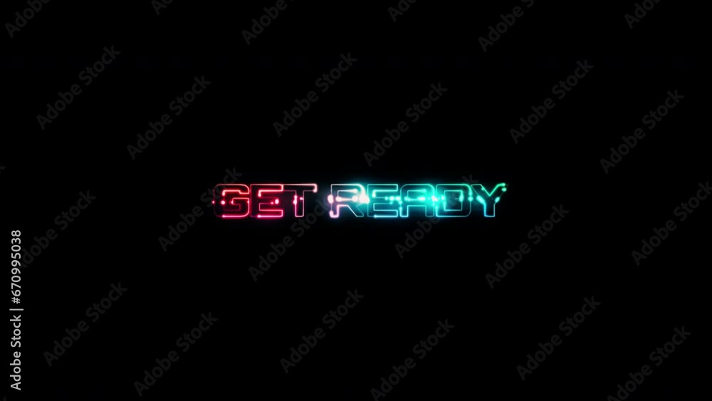 Poster get ready glow colorful neon laser text glitch effect animation on black abstract background.
